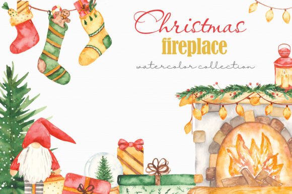 Christmas Fireplace Watercolor Illustrations for Real Crafting