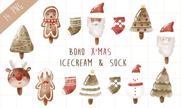 Christmas Sock and Ice-cream Watercolor Illustrations for Festive Design Projects
