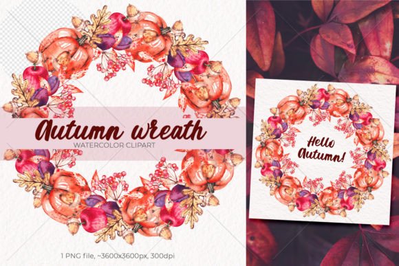 h1Watercolor Autumn Wreath Clipart PNG for Local Branding and Packaging Design/h1
