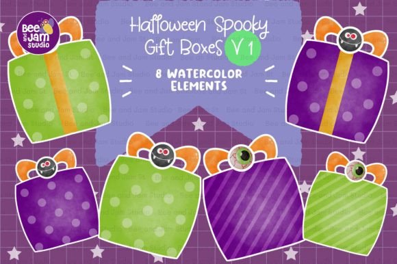 Halloween Spooky Gift Box Watercolor V1 Illustrations for Crafters