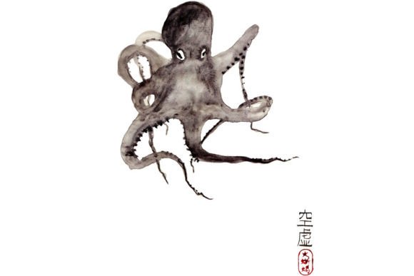 Octopus Watercolor Japanese Zen Painting Illustrations for Authentic Brand Design