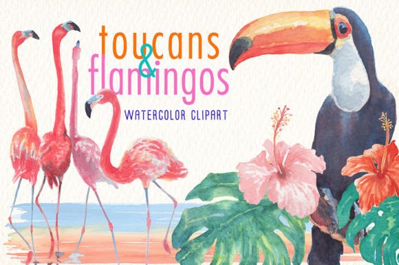 Tropical Elegance Meets Handmade Charm in Toucans and Flamingos Watercolor Clipart