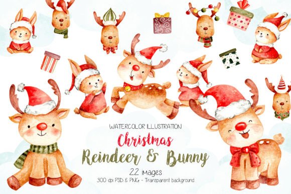 Watercolor Christmas Bunny and Reindeer Illustrations for Festive Branding