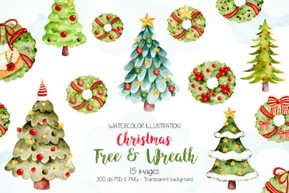 Watercolor Christmas Tree and Wreath Illustrations for Crafters & Etsy Sellers