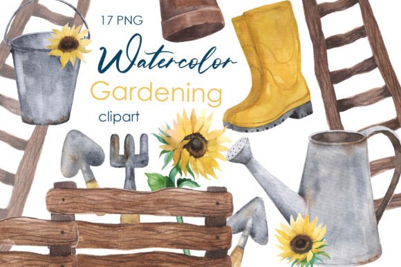 Watercolor Gardening Clipart Rusty Png for Real Crafting & Handmade Business Use
