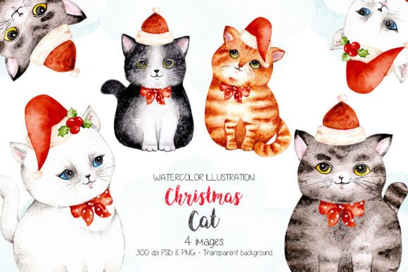 Watercolor Illustration Christmas Cat for Real Crafting Projects