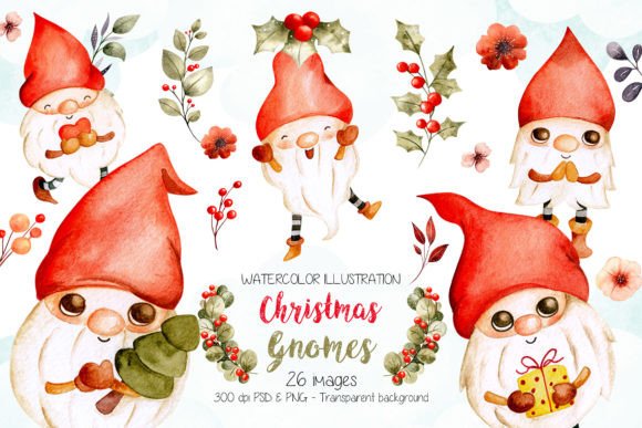 Watercolor Illustration Christmas Gnome for Real Crafting & Handmade Business Use