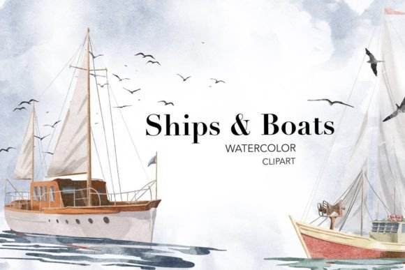 Watercolor Ships Boats Sea Ocean Clipart for Branding & Marketing