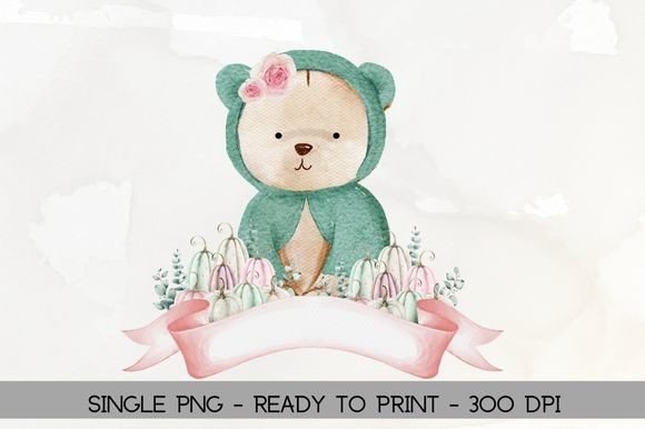 Watercolor Teddy Bear with Pumpkins Illustrations for Crafters & Small Business Design
